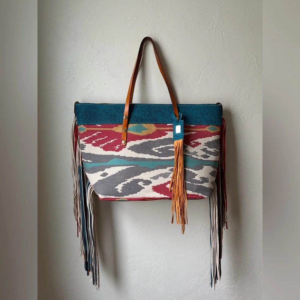 Handmade Leather Fringe Tote Southwestern Ikat Boho Oversized Bag - Picture 8 of 12